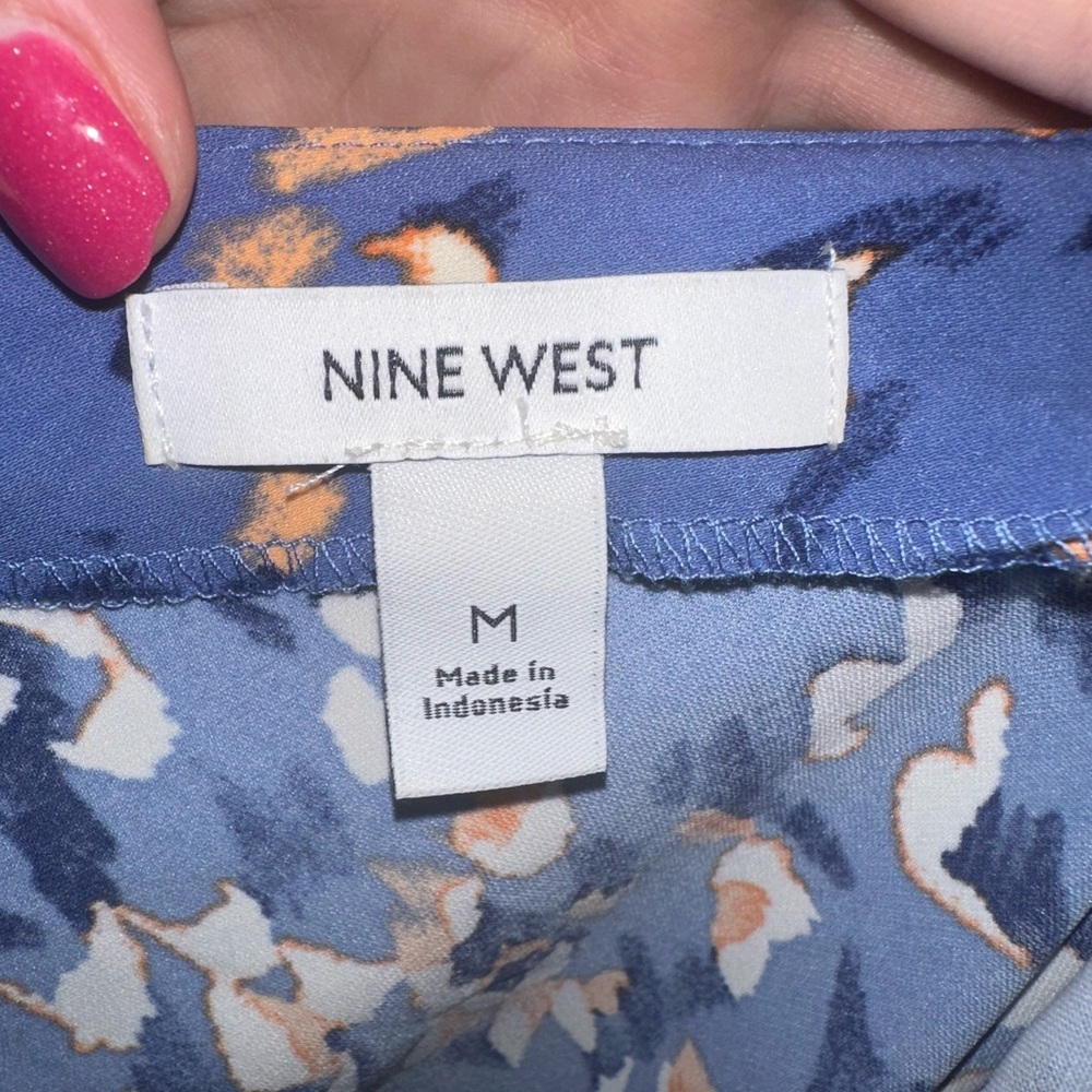 Nine West Stylish Blue and Coral Patterned One Shoulder Ballon Sleeve Mini Dress - Picture 8 of 9